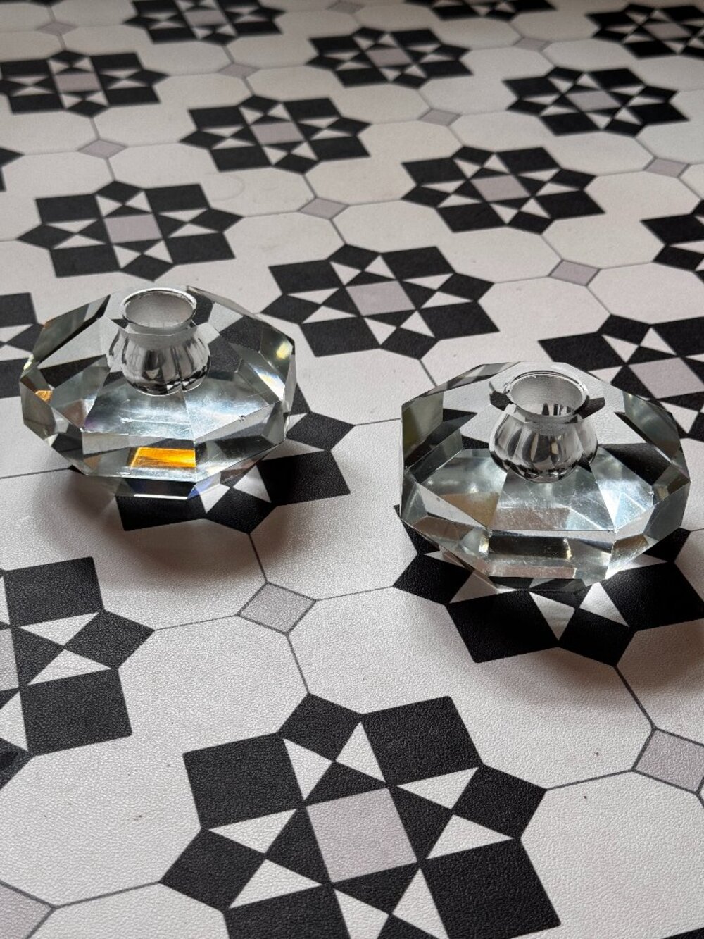 Crystal Octagonal Tapered Candle Holder, Set of 2, Vintage Circa 19